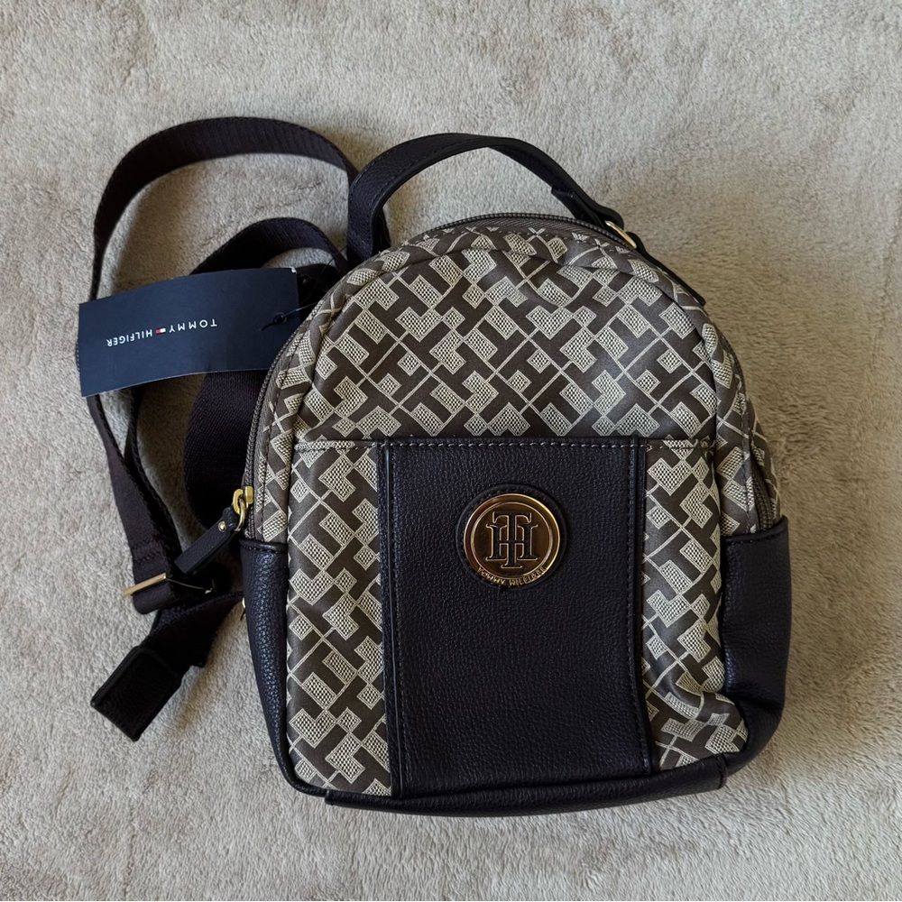 Tommy Hilfiger Black and Tan Geometric Backpack